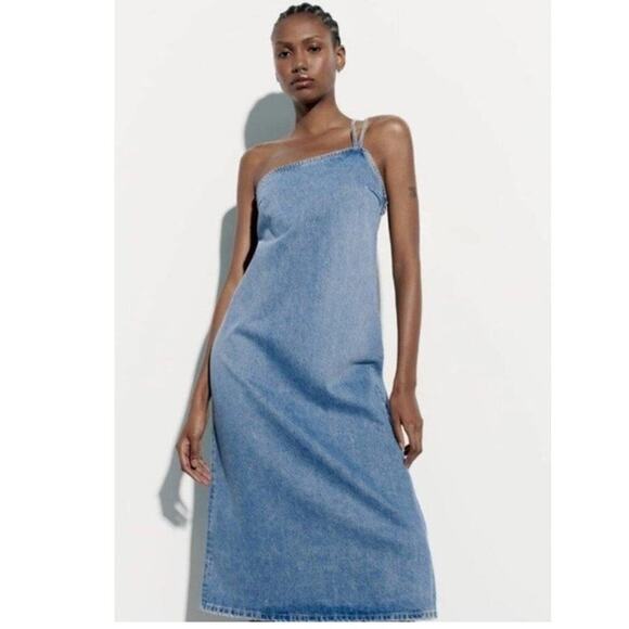 ZARA ASYMMETRIC DENIM MIDI DRESS BLUE Size Extra Small XS - Picture 4 of 11